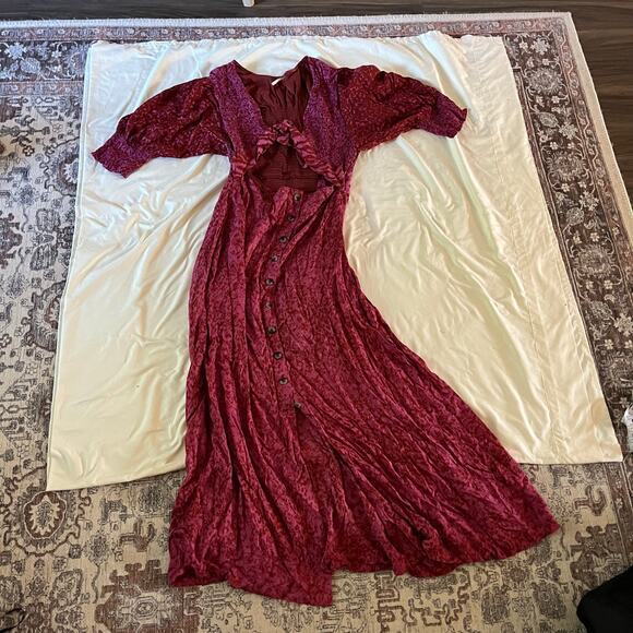 Free People Magenta Printed Cutout Button Maxi Dress Sz XL Boho Cottagecore - Picture 3 of 9